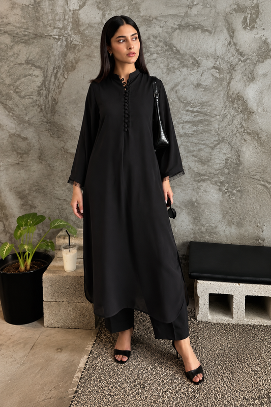 Black Ruffled Lightweight Georgette Set